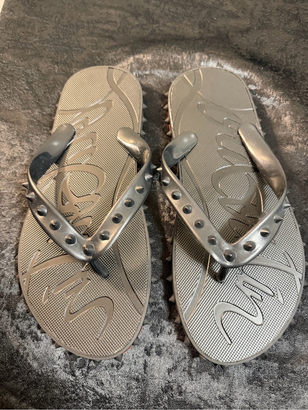Christian Louboutin Womans Metallic Gray Studded Flip Flops